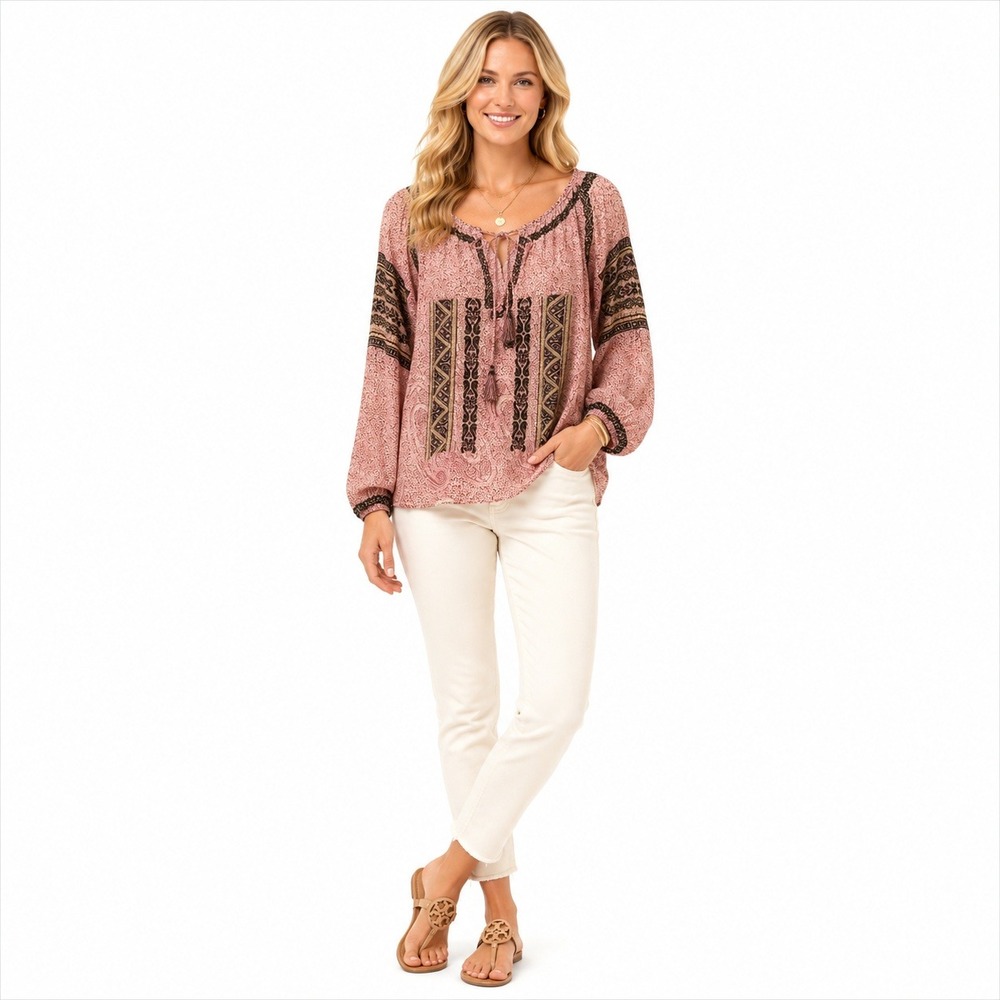 Calypso St. Barth Tunic Women XS Pink Paisley‎ Embroidered Tie Neck Boho Blouse